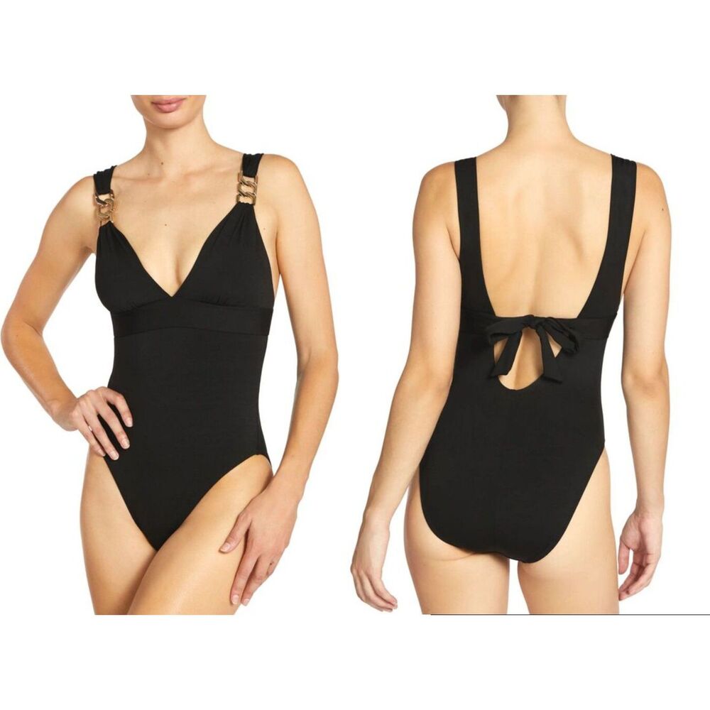 Robin Piccone Womens Jane Plunge One-Piece Swimsuit Size 8 Black NWT